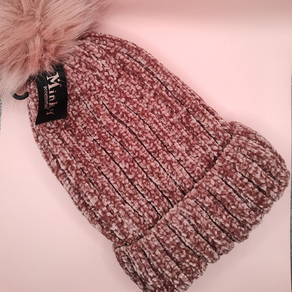 Minky NWT Pink Knit Beanie with Pom Pom